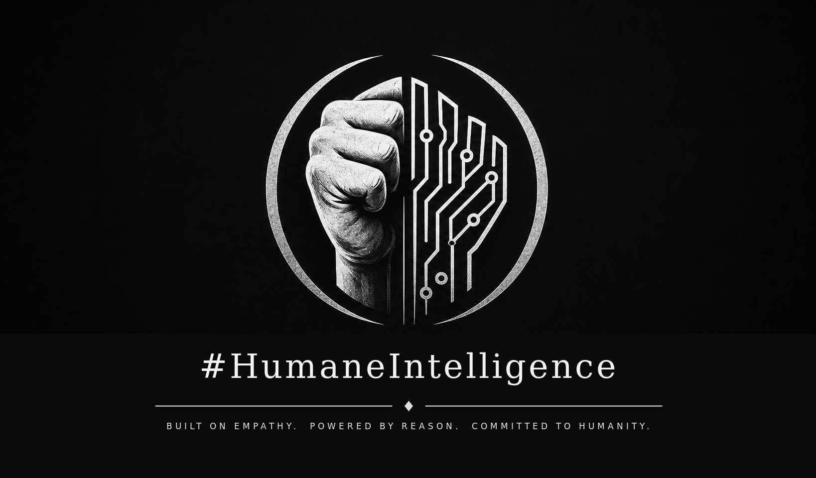 #HumaneIntelligence — a human fist joined with machine circuitry